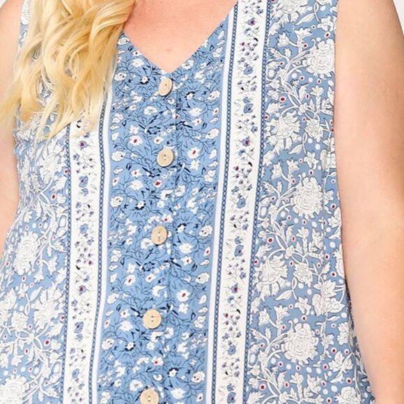 NWT! PLUS Size Boho Sleeveless V Neck Button Down Long Blue Dress Ruffled Hem - Picture 7 of 7